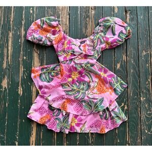 Crystal Sky Pink Tropical Floral Tiered Ruffle Mini Dress XL Puff Sleeve